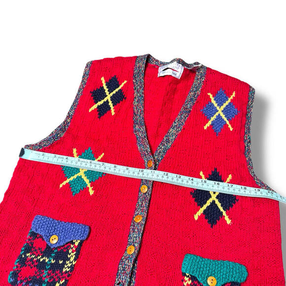 VTG Portraits Northern Isles Hand-Knit Red Wool Sweater Vest M-L Argyle Cottage - Picture 8 of 9
